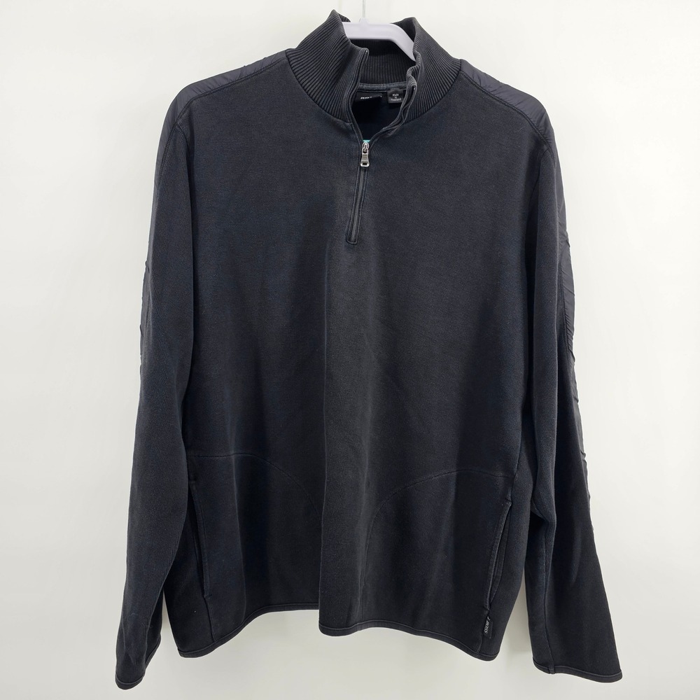 Hugo Boss Quarter Zip Pullover XXL Black Mixed Media Cotton Mock Neck Sweater